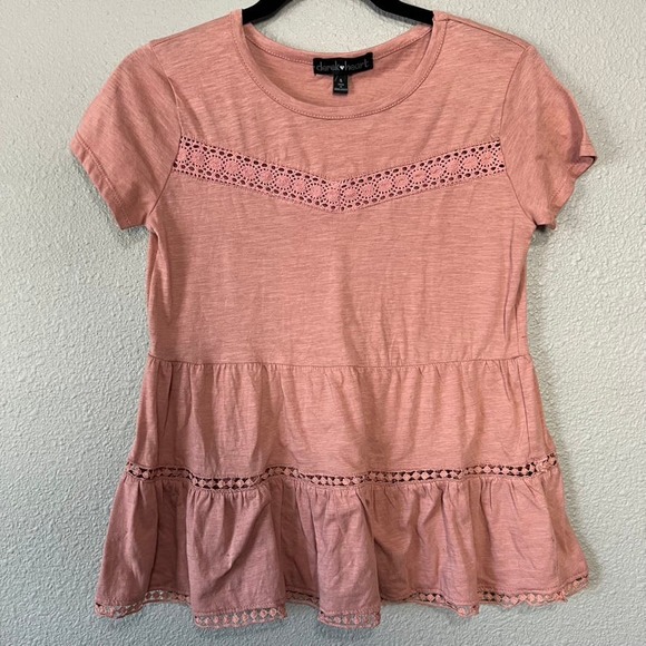 Peplum Crochet Insert Dusty Rose Short Sleeve Womens Small Blouse T-Shirt - Picture 1 of 5